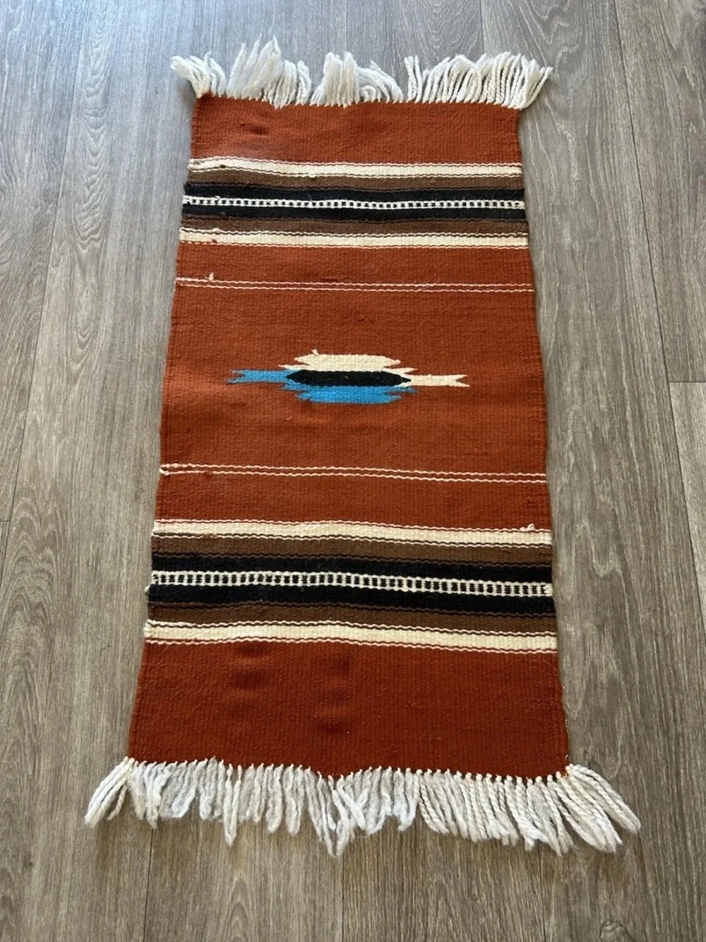 Vintage Handwoven Southwestern Wool Rug Mexican Style Rust Fringe 34.5x15.5